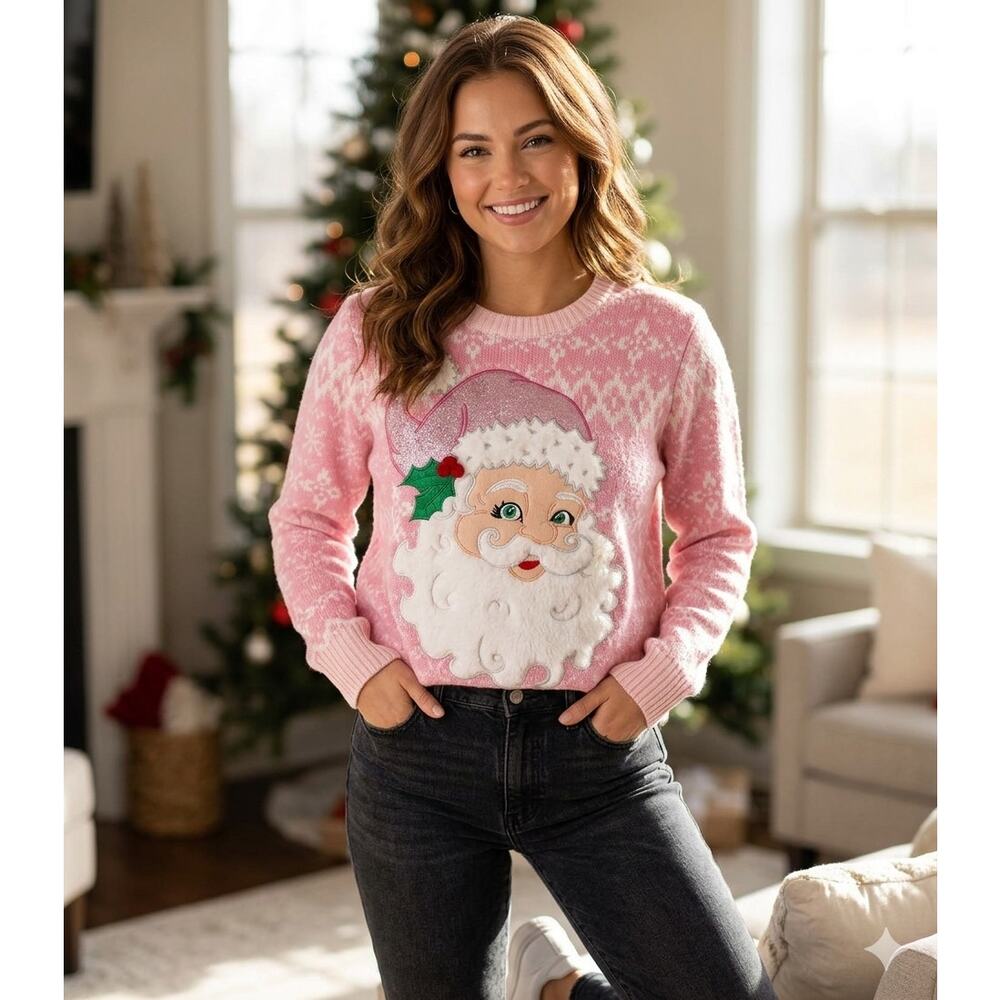 Holiday Hype Pink Santa Ugly Christmas Sweater L Cozy Knit Pastel Tinsel Chic